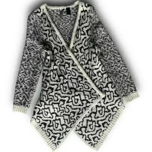 Wool‎ blend knit open front cardigan geometric artsy pattern sweater waterfall m